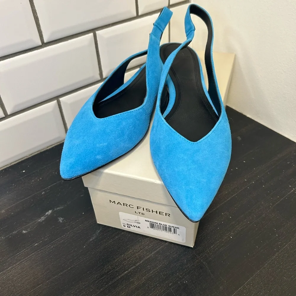 Last Pair- Marc Fisher Silvia Vibrant Blue Suede Slingback Flats - Picture 1 of 4
